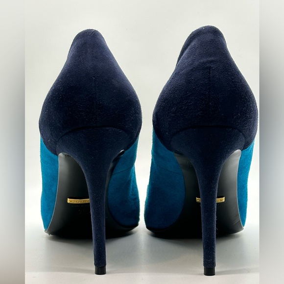 SOLD-GUCCI Turquoise Blue Suede Colorblock Toe Pointed Heels Pumps Size 39 US 9 - Picture 6 of 7